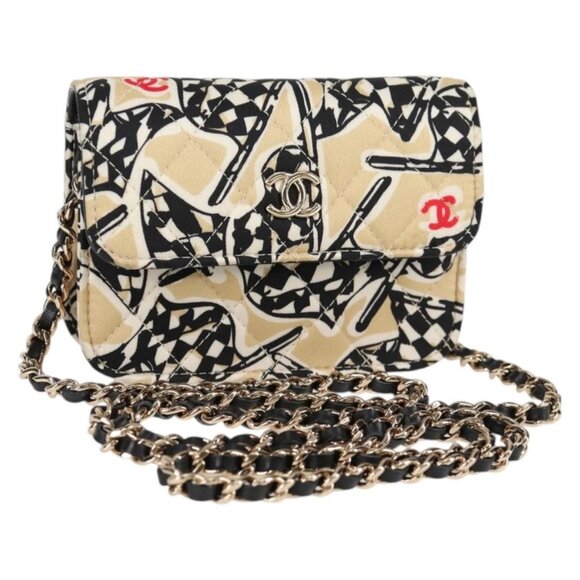 CHANEL Matelasse Chain Pouch Canvas Beige Gold CC Auth bs27947M - Picture 1 of 16